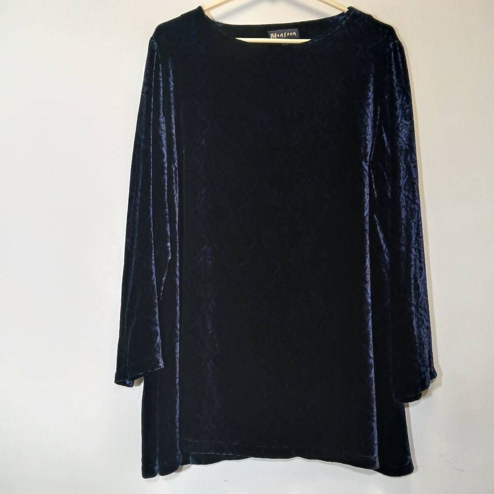 Monsoon women L oversized lagenlook velvet top dark blue boat neck silk tunic